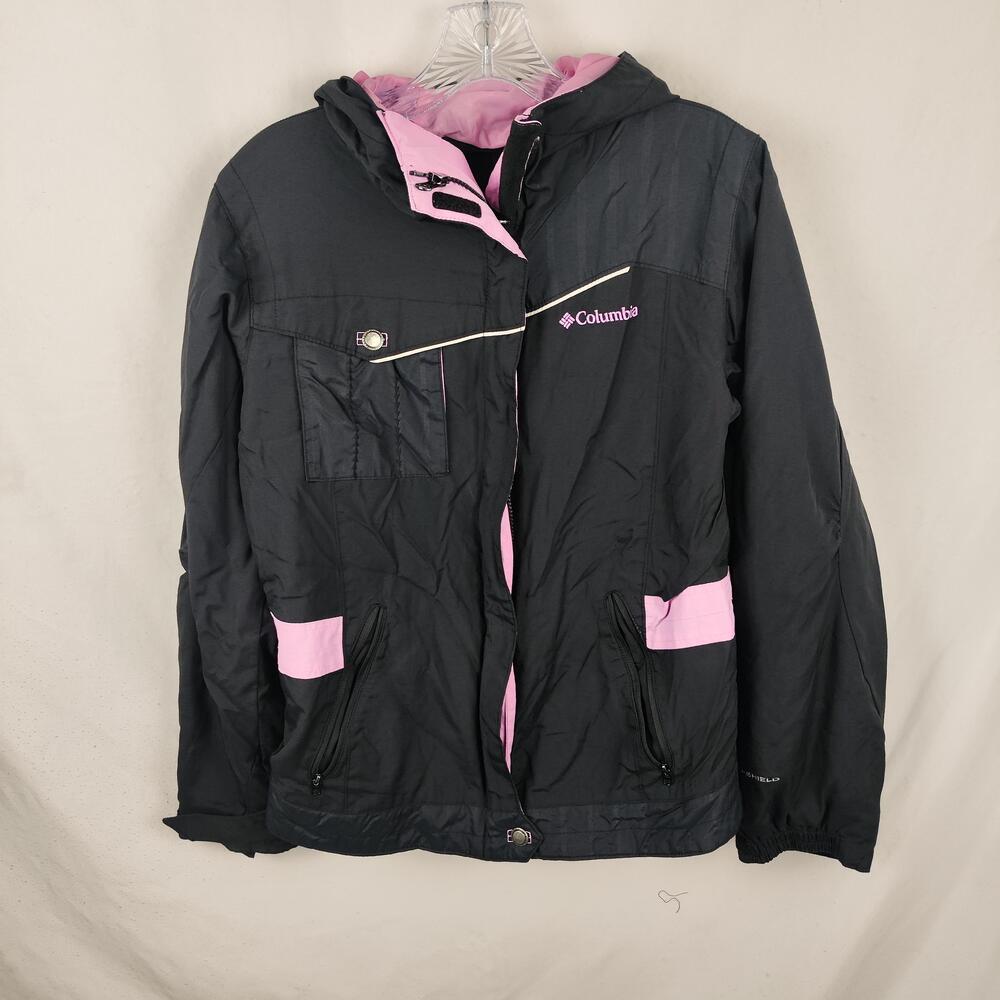 Columbia Jacket Youth 14/16 Black Pink Omni-Shield Hooded Ski Zip Pockets Winter